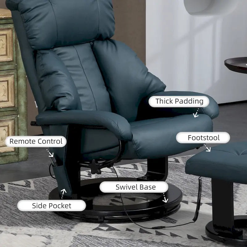 Fauteuil de relaxation en PU avec base pivotante et repose-pieds, gris et bleu