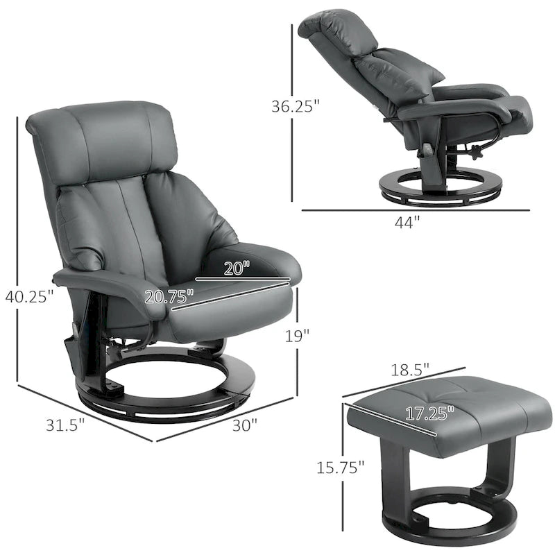 Fauteuil de relaxation en PU avec base pivotante et repose-pieds, gris et bleu