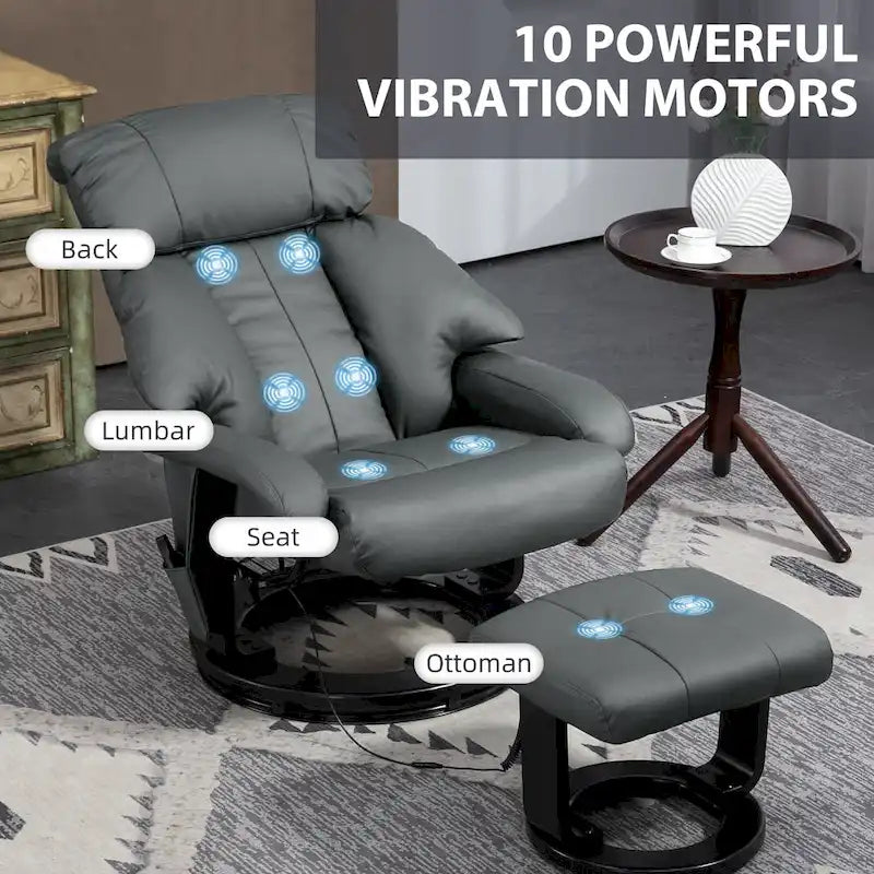 Fauteuil de relaxation en PU avec base pivotante et repose-pieds, gris et bleu