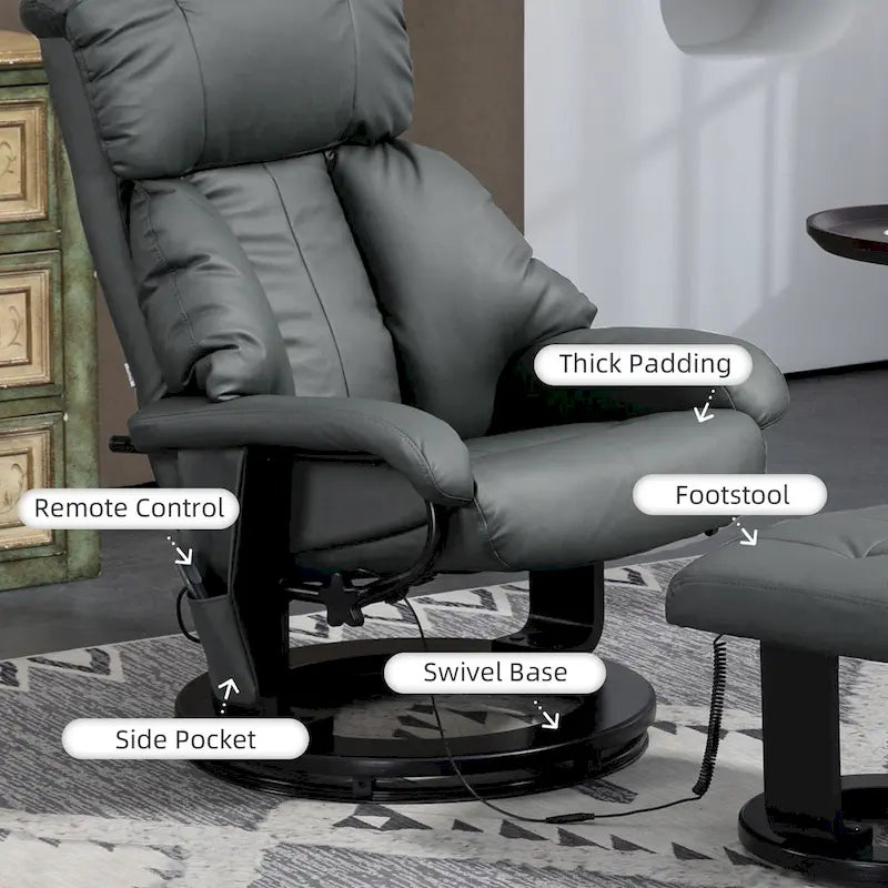 Fauteuil de relaxation en PU avec base pivotante et repose-pieds, gris et bleu