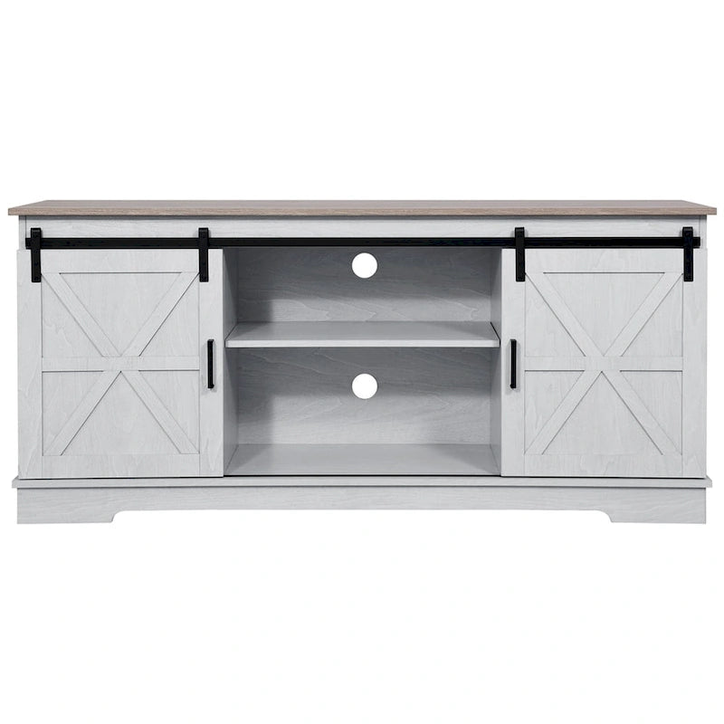Meuble TV de ferme avec portes coulissantes de style grange et étagères réglables, blanc gris noir