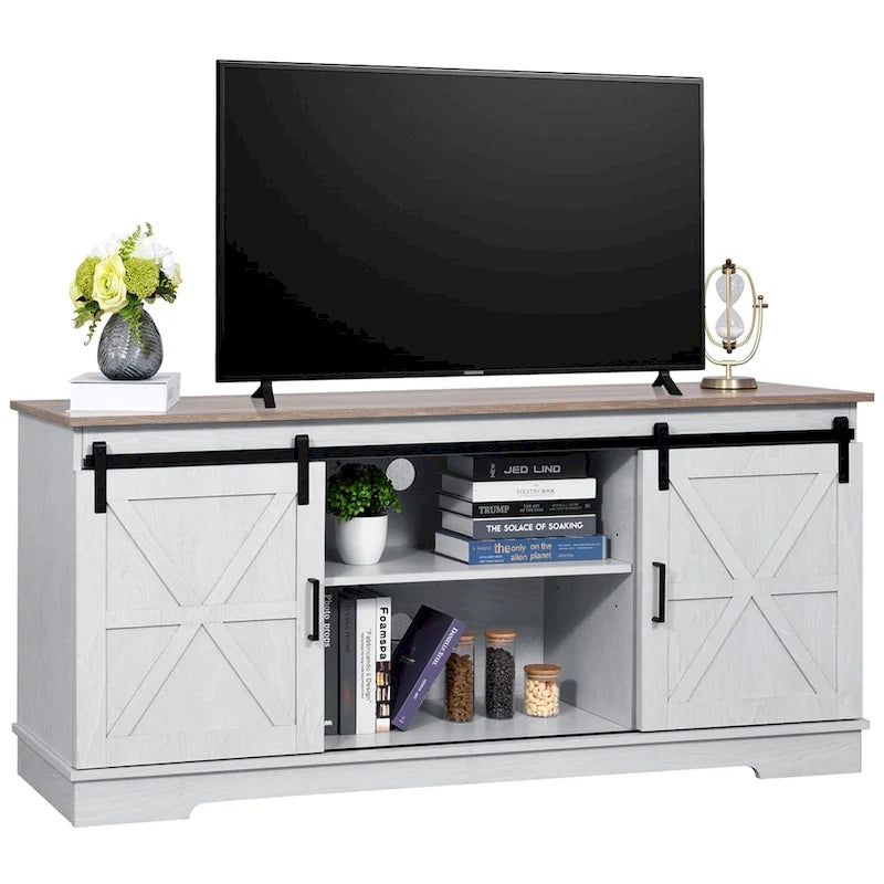 Meuble TV de ferme avec portes coulissantes de style grange et étagères réglables, blanc gris noir