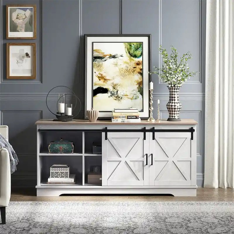Meuble TV de ferme avec portes coulissantes de style grange et étagères réglables, blanc gris noir