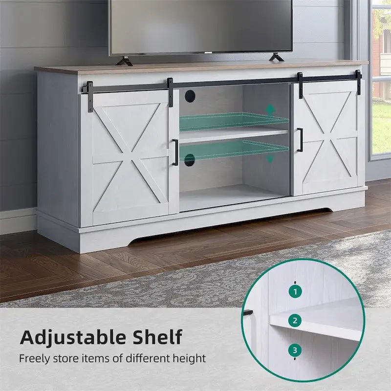 Meuble TV de ferme avec portes coulissantes de style grange et étagères réglables, blanc gris noir