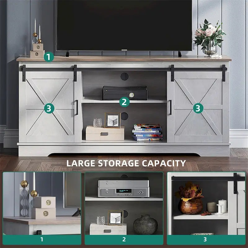 Meuble TV de ferme avec portes coulissantes de style grange et étagères réglables, blanc gris noir