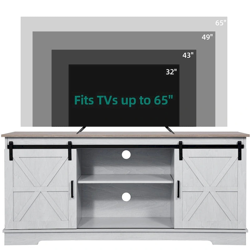 Meuble TV de ferme avec portes coulissantes de style grange et étagères réglables, blanc gris noir