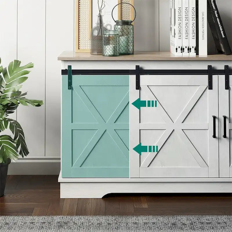 Meuble TV de ferme avec portes coulissantes de style grange et étagères réglables, blanc gris noir