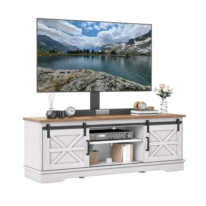 Meuble TV de ferme avec portes coulissantes de style grange et étagères réglables, blanc gris noir