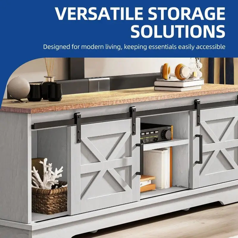 Meuble TV de ferme avec portes coulissantes de style grange et étagères réglables, blanc gris noir
