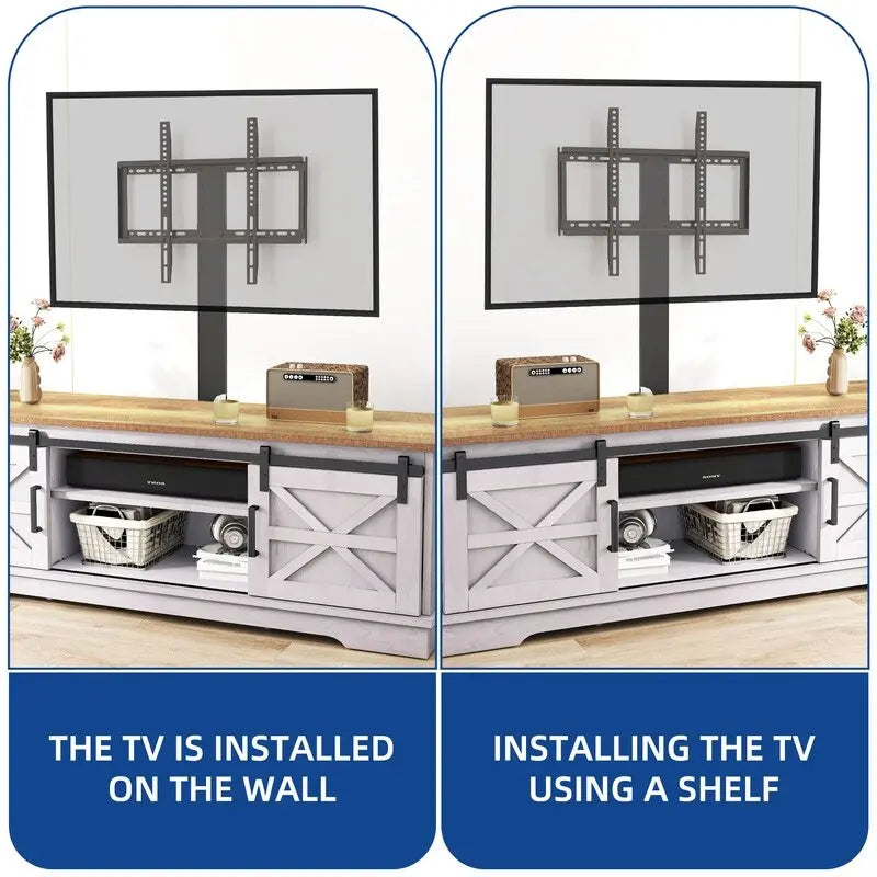 Meuble TV de ferme avec portes coulissantes de style grange et étagères réglables, blanc gris noir