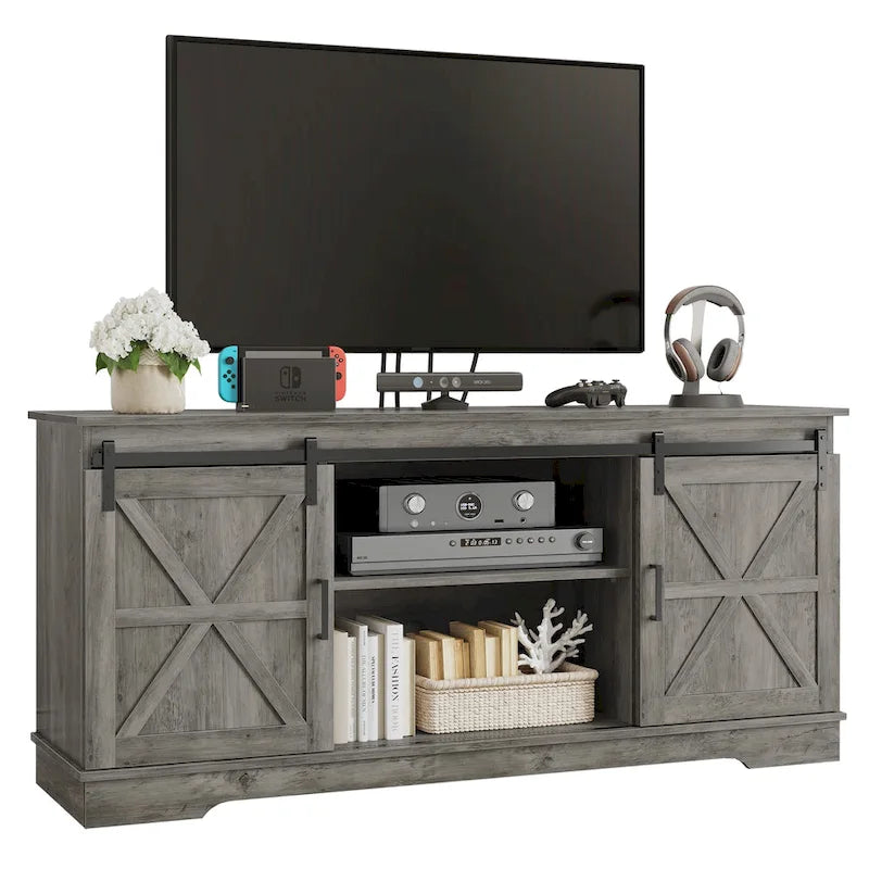 Meuble TV de ferme avec portes coulissantes de style grange et étagères réglables, blanc gris noir