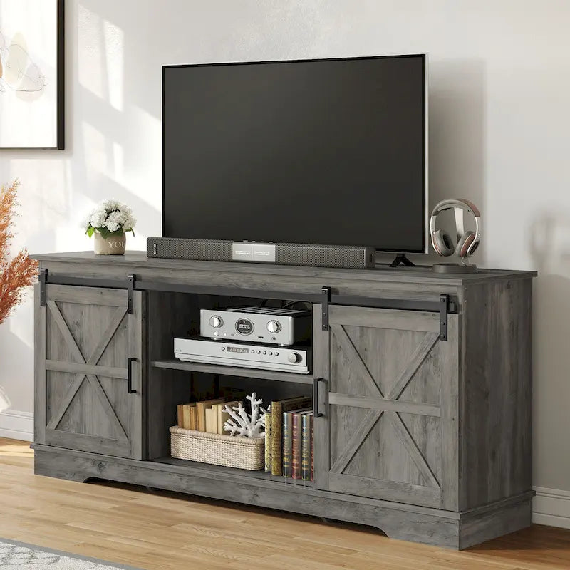 Meuble TV de ferme avec portes coulissantes de style grange et étagères réglables, blanc gris noir