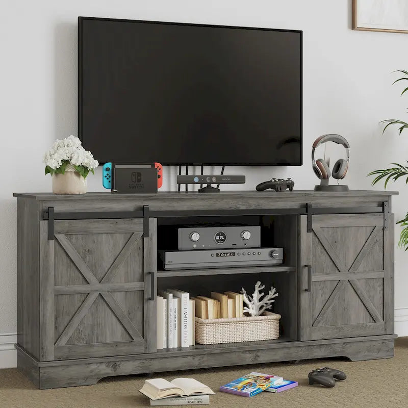 Meuble TV de ferme avec portes coulissantes de style grange et étagères réglables, blanc gris noir