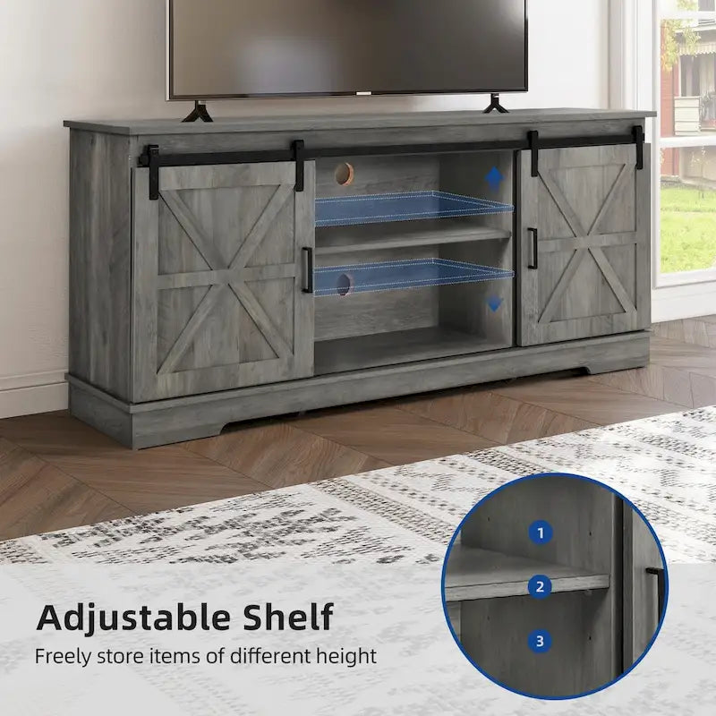 Meuble TV de ferme avec portes coulissantes de style grange et étagères réglables, blanc gris noir