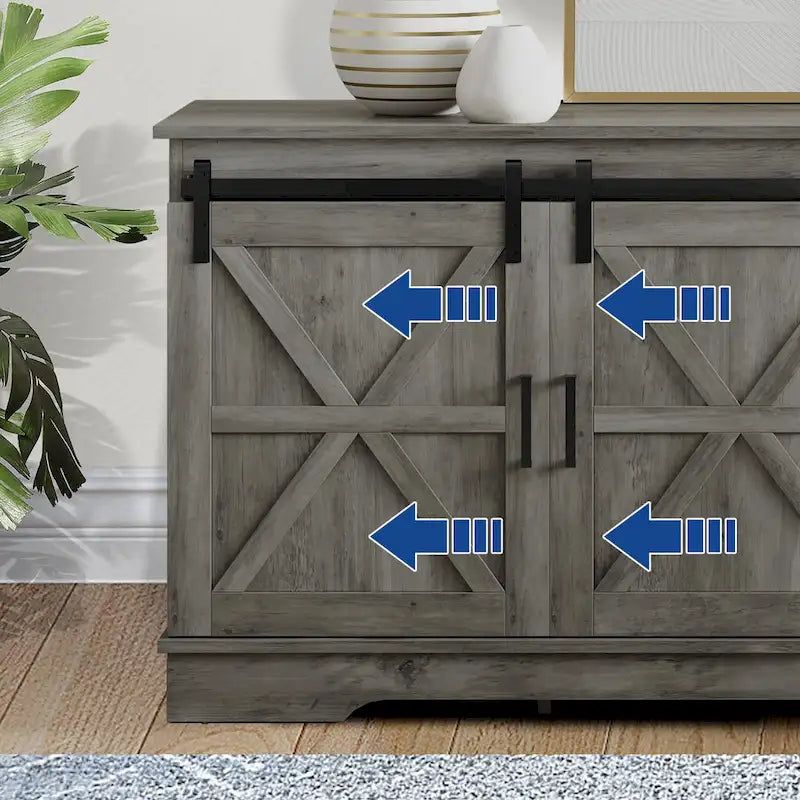 Meuble TV de ferme avec portes coulissantes de style grange et étagères réglables, blanc gris noir