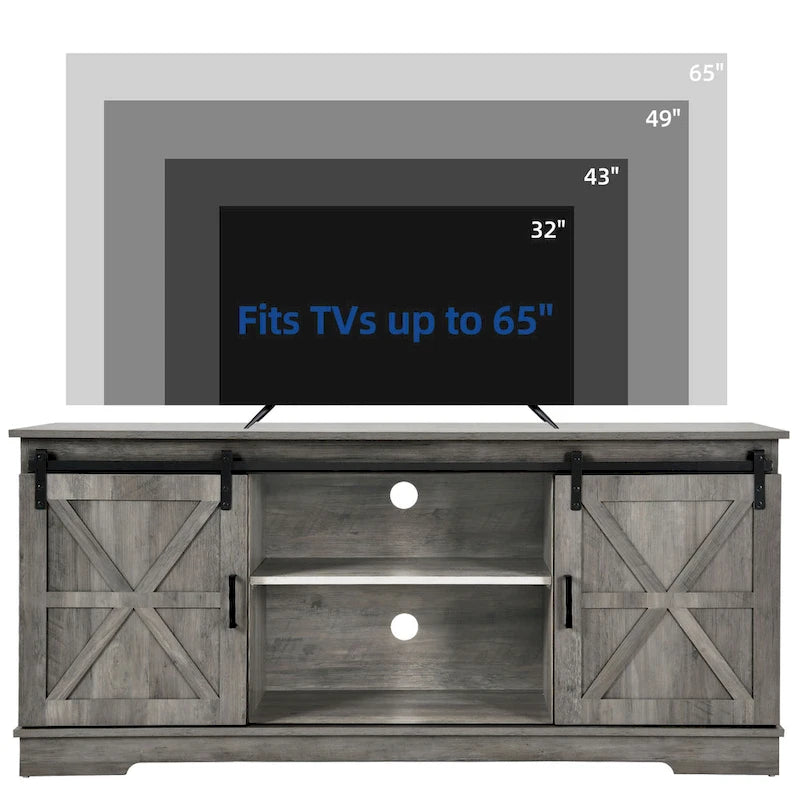 Meuble TV de ferme avec portes coulissantes de style grange et étagères réglables, blanc gris noir
