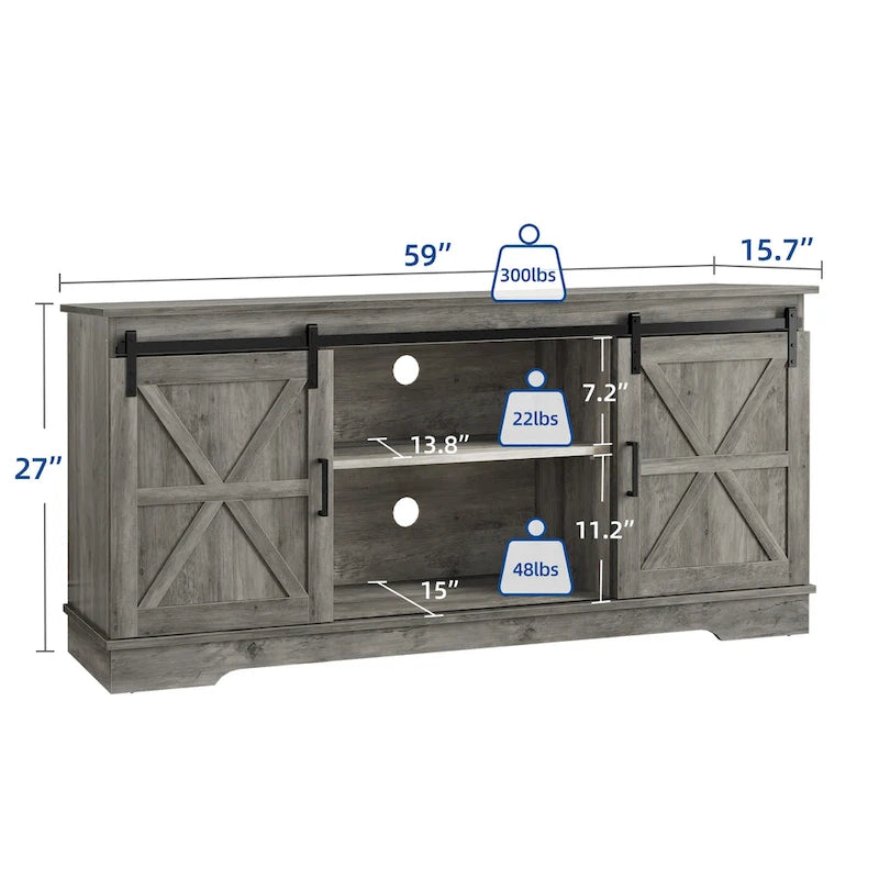 Meuble TV de ferme avec portes coulissantes de style grange et étagères réglables, blanc gris noir