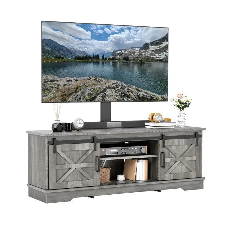 Meuble TV de ferme avec portes coulissantes de style grange et étagères réglables, blanc gris noir