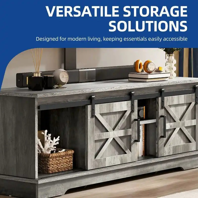 Meuble TV de ferme avec portes coulissantes de style grange et étagères réglables, blanc gris noir