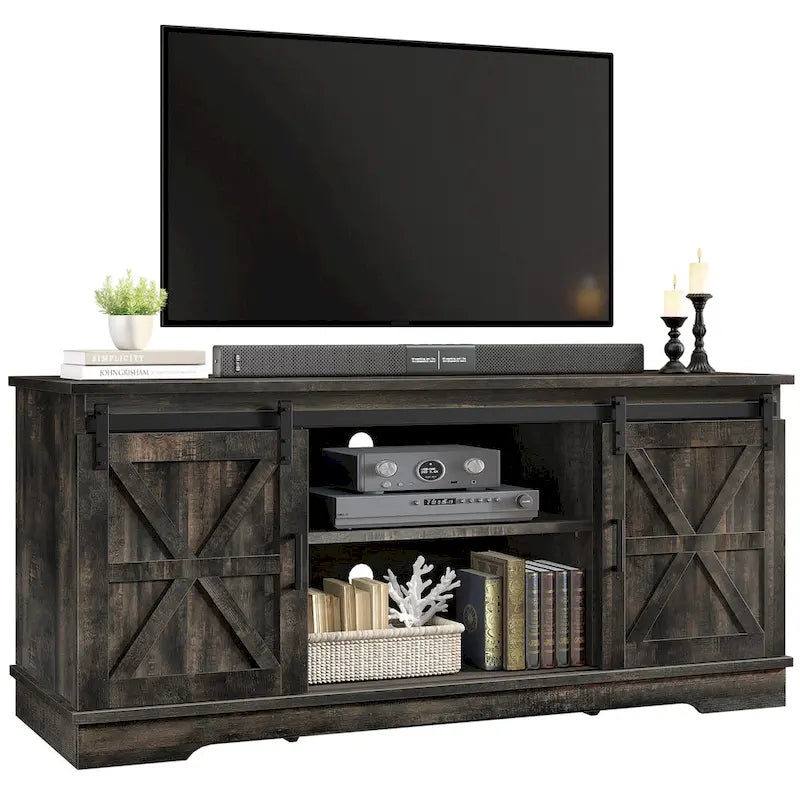 Meuble TV de ferme avec portes coulissantes de style grange et étagères réglables, blanc gris noir