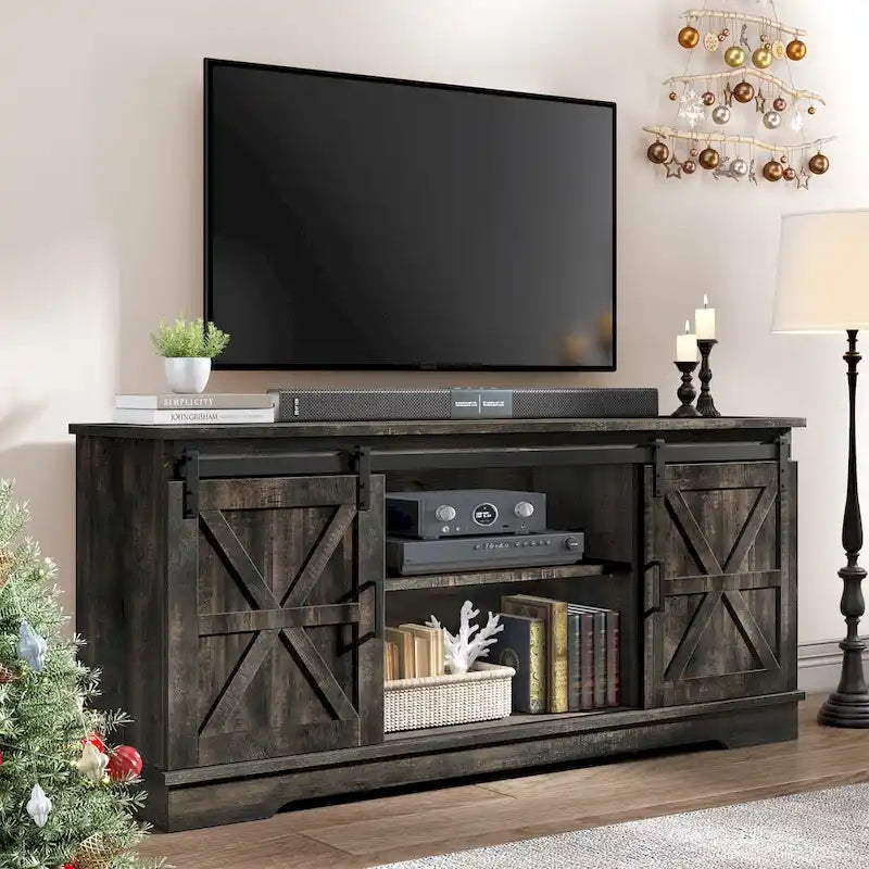 Meuble TV de ferme avec portes coulissantes de style grange et étagères réglables, blanc gris noir