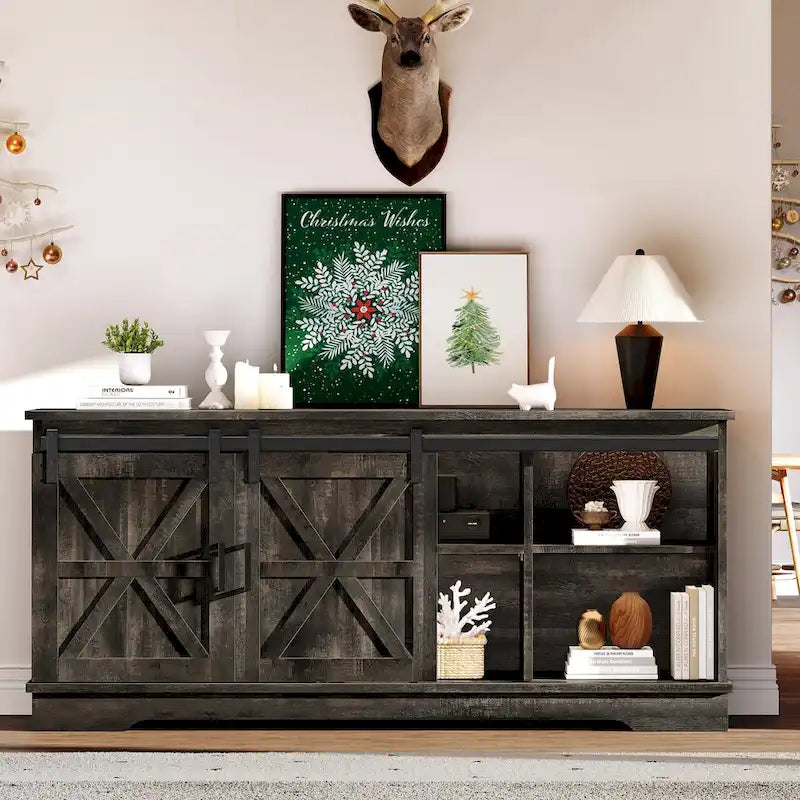 Meuble TV de ferme avec portes coulissantes de style grange et étagères réglables, blanc gris noir