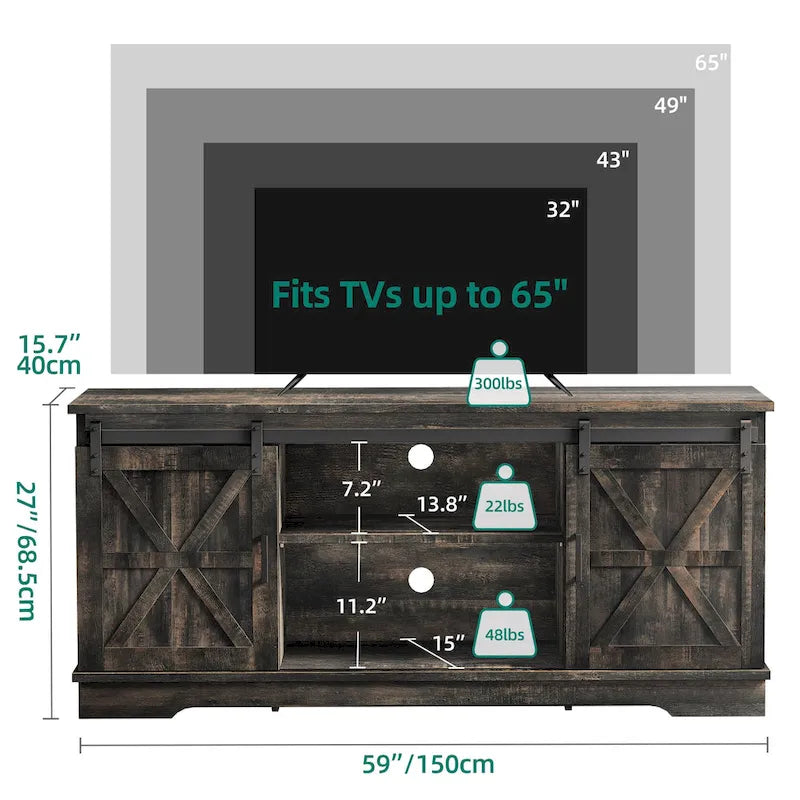 Meuble TV de ferme avec portes coulissantes de style grange et étagères réglables, blanc gris noir