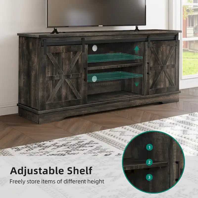 Meuble TV de ferme avec portes coulissantes de style grange et étagères réglables, blanc gris noir
