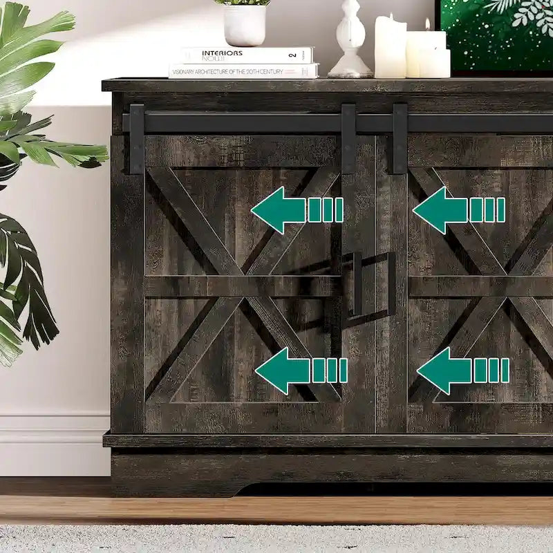 Meuble TV de ferme avec portes coulissantes de style grange et étagères réglables, blanc gris noir