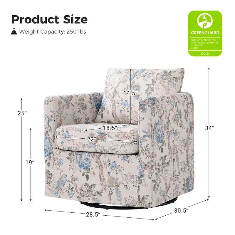 Fauteuil d'appoint pivotant déhoussable moderne avec coussin amovible à motif floral