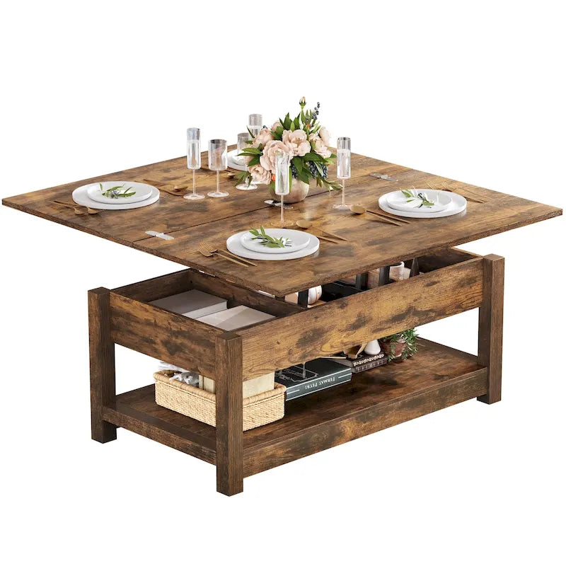 Table basse relevable avec plateau extensible, rangement dissimulé et étagère inférieure marron