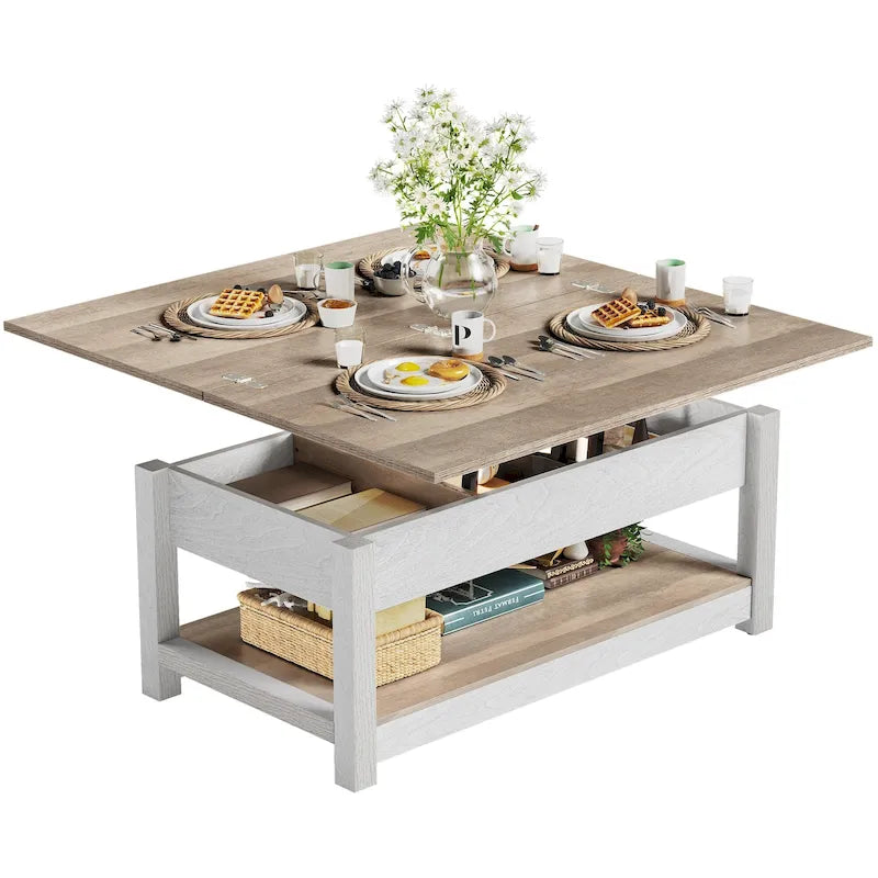 Table basse relevable avec plateau extensible, rangement dissimulé et étagère inférieure marron