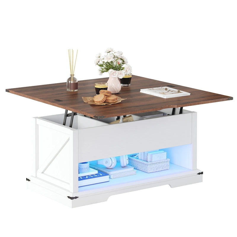 Table basse relevable avec plateau extensible, rangement dissimulé et étagère inférieure marron