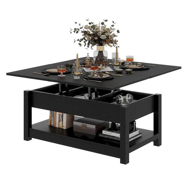 Table basse relevable avec plateau extensible, rangement dissimulé et étagère inférieure marron