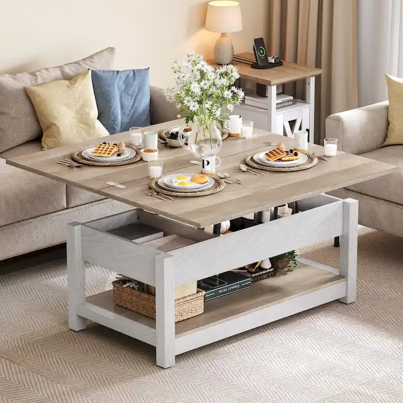 Table basse relevable avec plateau extensible, rangement dissimulé et étagère inférieure marron