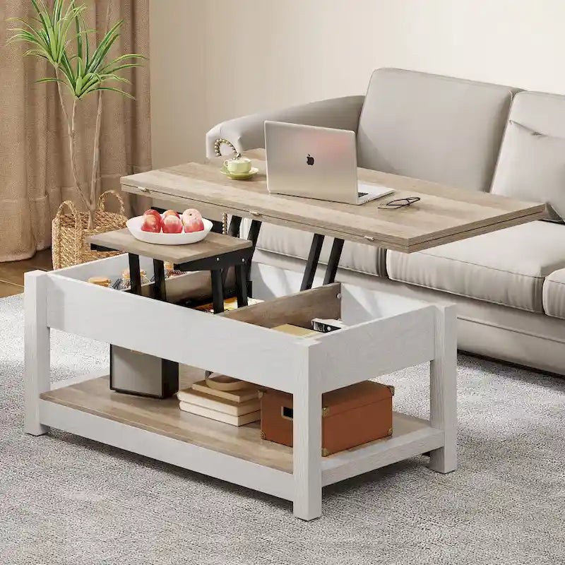 Table basse relevable avec plateau extensible, rangement dissimulé et étagère inférieure marron