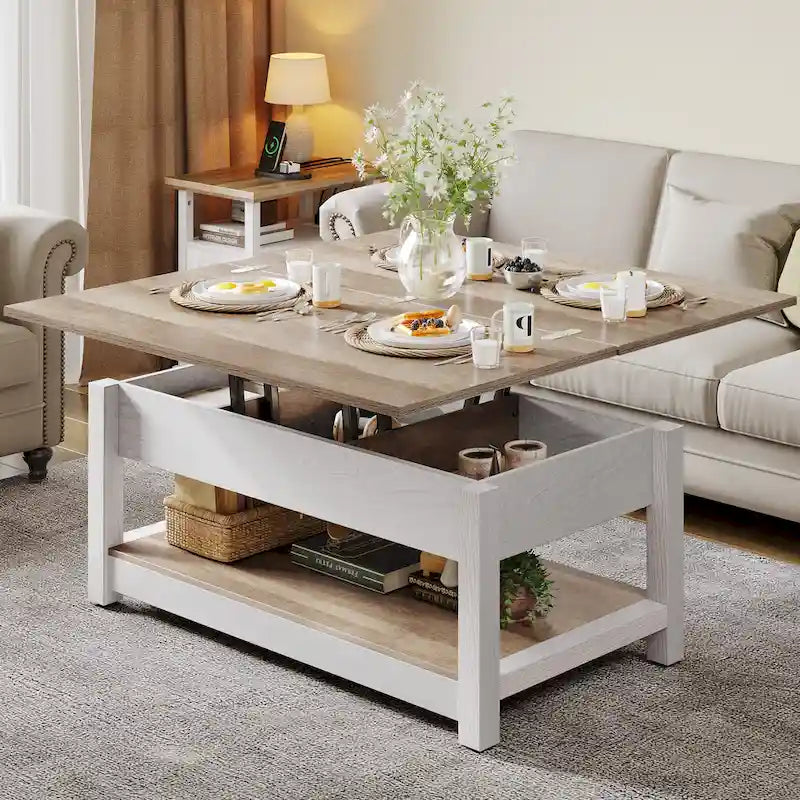 Table basse relevable avec plateau extensible, rangement dissimulé et étagère inférieure marron