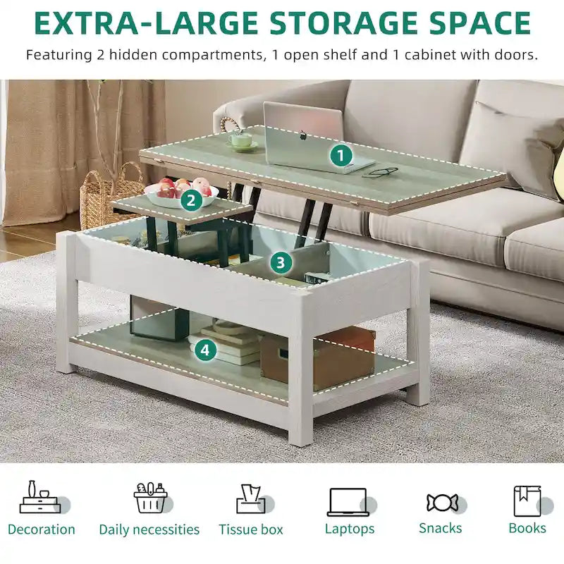 Table basse relevable avec plateau extensible, rangement dissimulé et étagère inférieure marron
