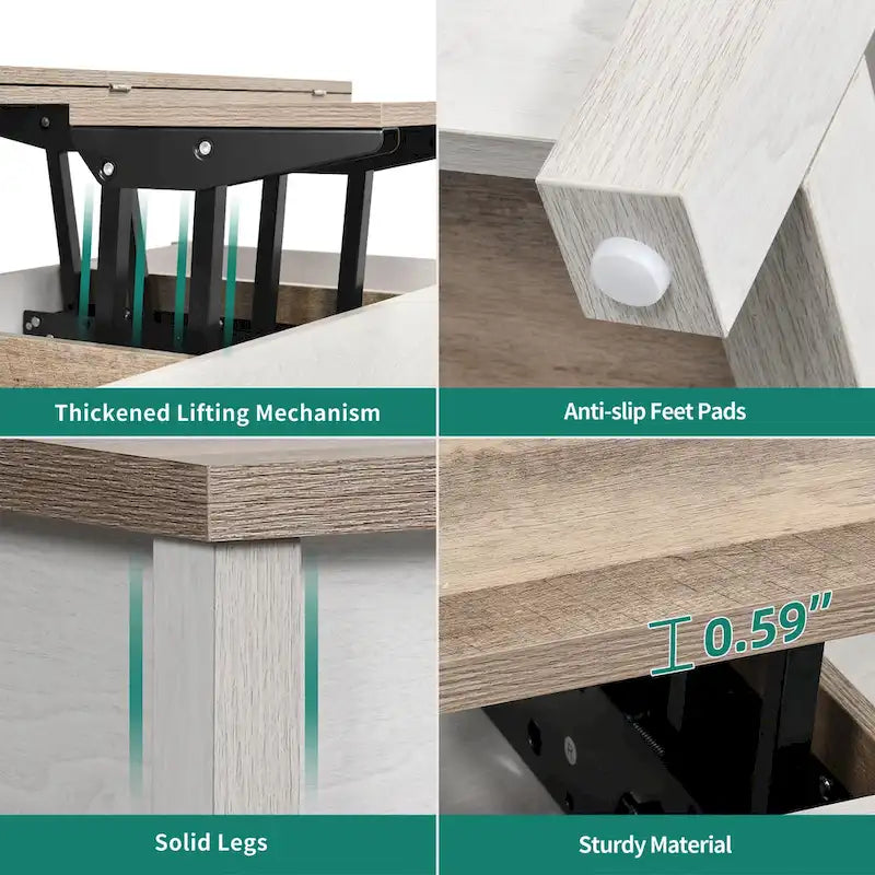 Table basse relevable avec plateau extensible, rangement dissimulé et étagère inférieure marron