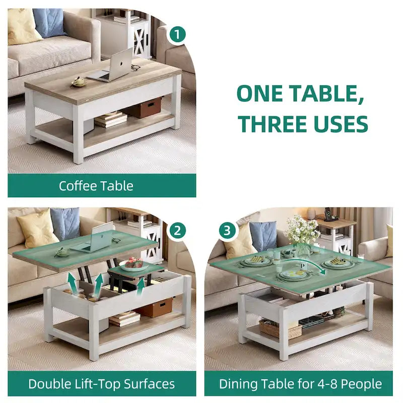 Table basse relevable avec plateau extensible, rangement dissimulé et étagère inférieure marron
