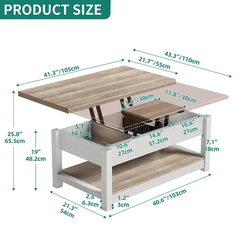 Table basse relevable avec plateau extensible, rangement dissimulé et étagère inférieure marron