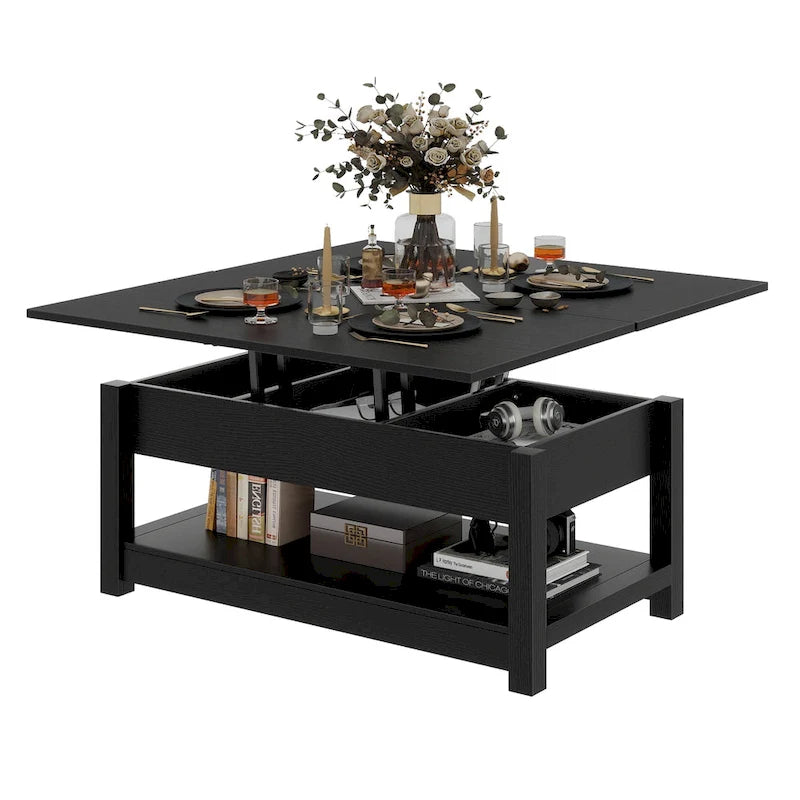 Table basse relevable avec plateau extensible, rangement dissimulé et étagère inférieure marron