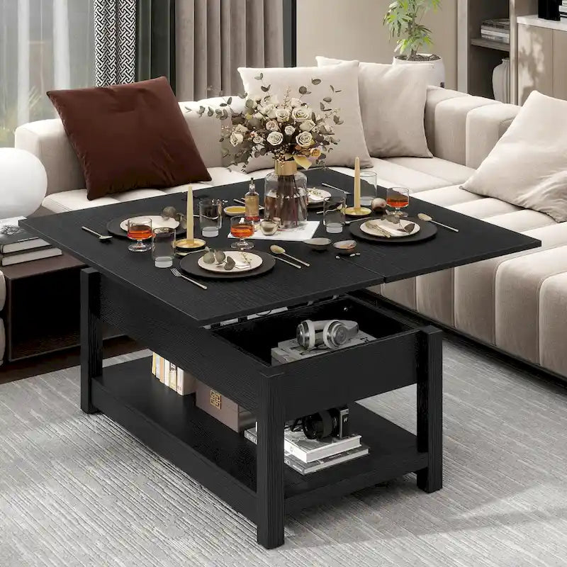 Table basse relevable avec plateau extensible, rangement dissimulé et étagère inférieure marron