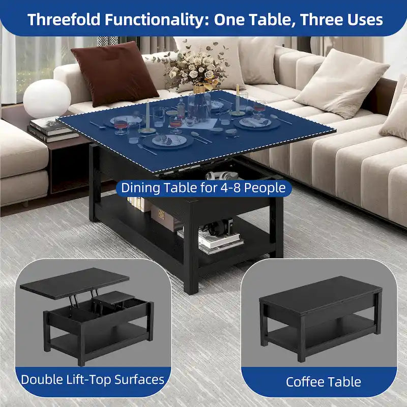 Table basse relevable avec plateau extensible, rangement dissimulé et étagère inférieure marron