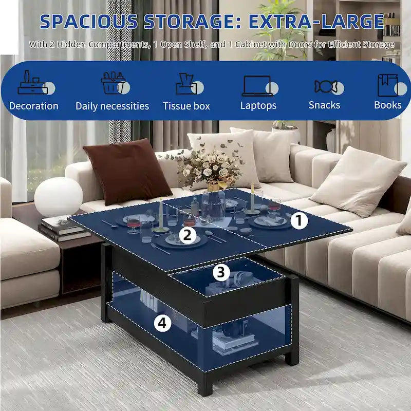 Table basse relevable avec plateau extensible, rangement dissimulé et étagère inférieure marron