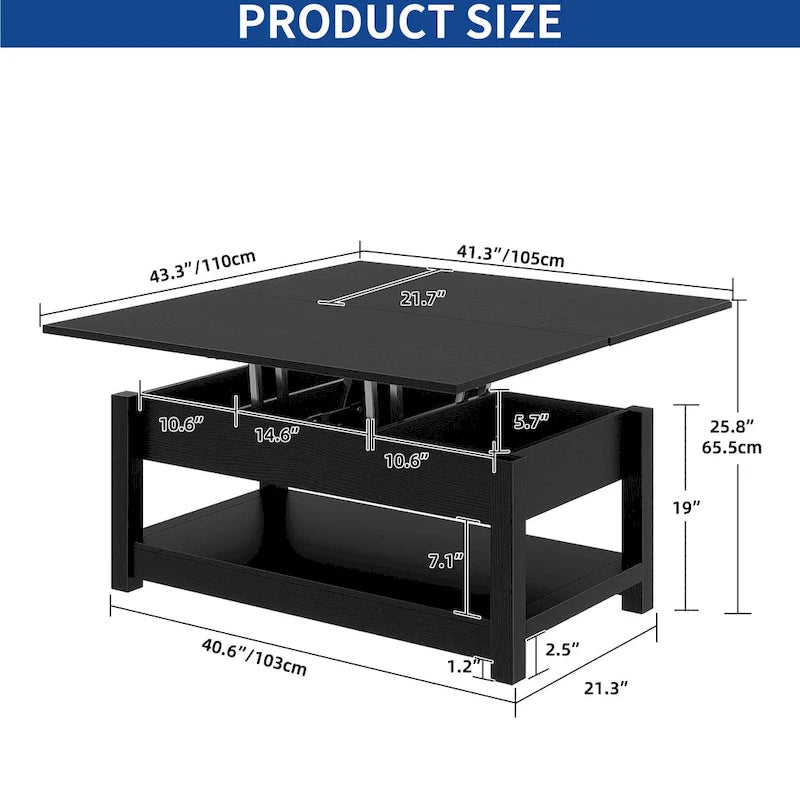 Table basse relevable avec plateau extensible, rangement dissimulé et étagère inférieure marron