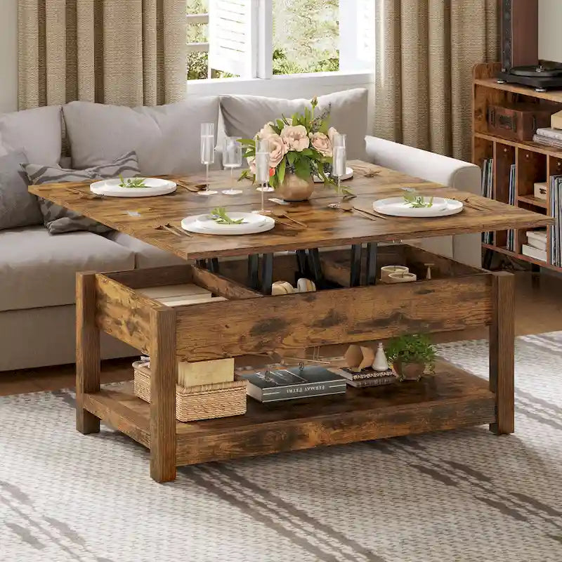 Table basse relevable avec plateau extensible, rangement dissimulé et étagère inférieure marron