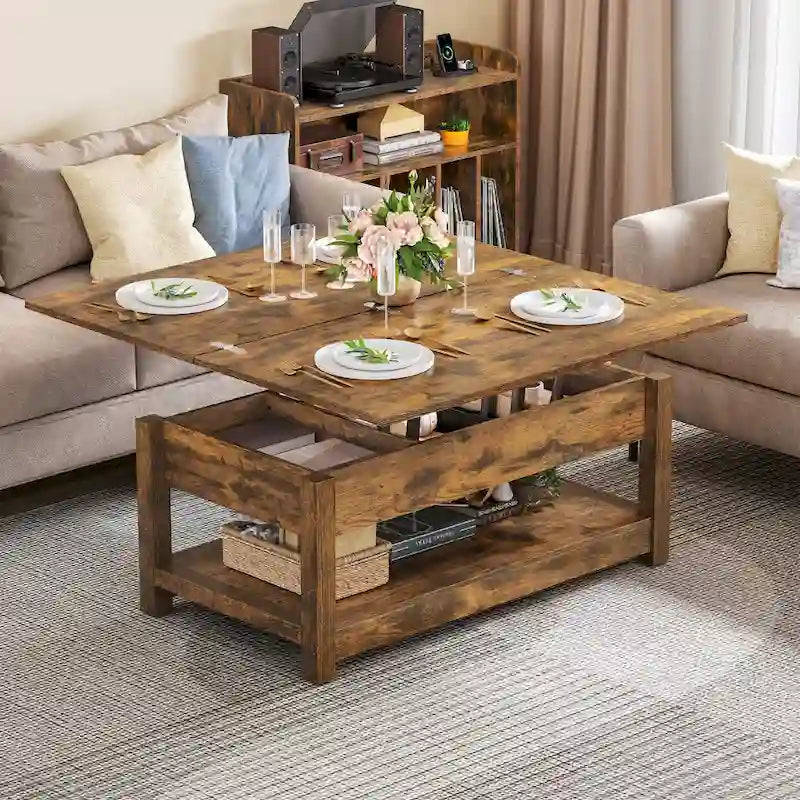 Table basse relevable avec plateau extensible, rangement dissimulé et étagère inférieure marron