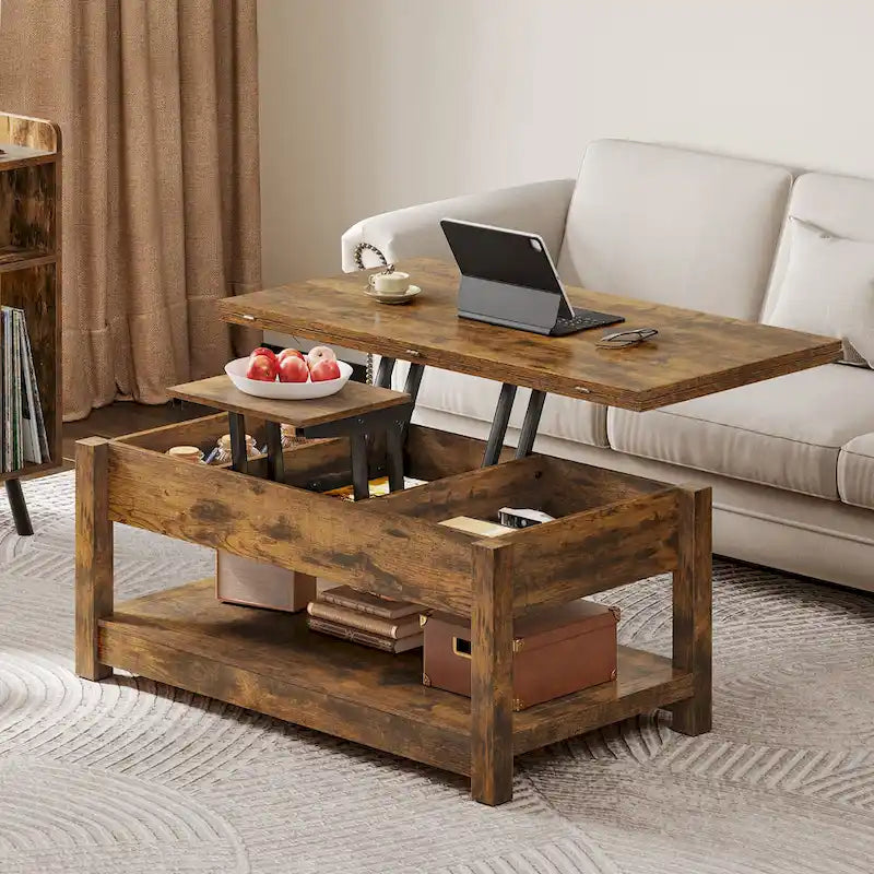Table basse relevable avec plateau extensible, rangement dissimulé et étagère inférieure marron