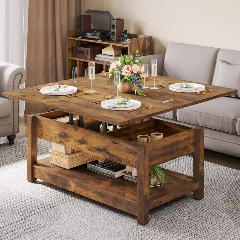 Table basse relevable avec plateau extensible, rangement dissimulé et étagère inférieure marron